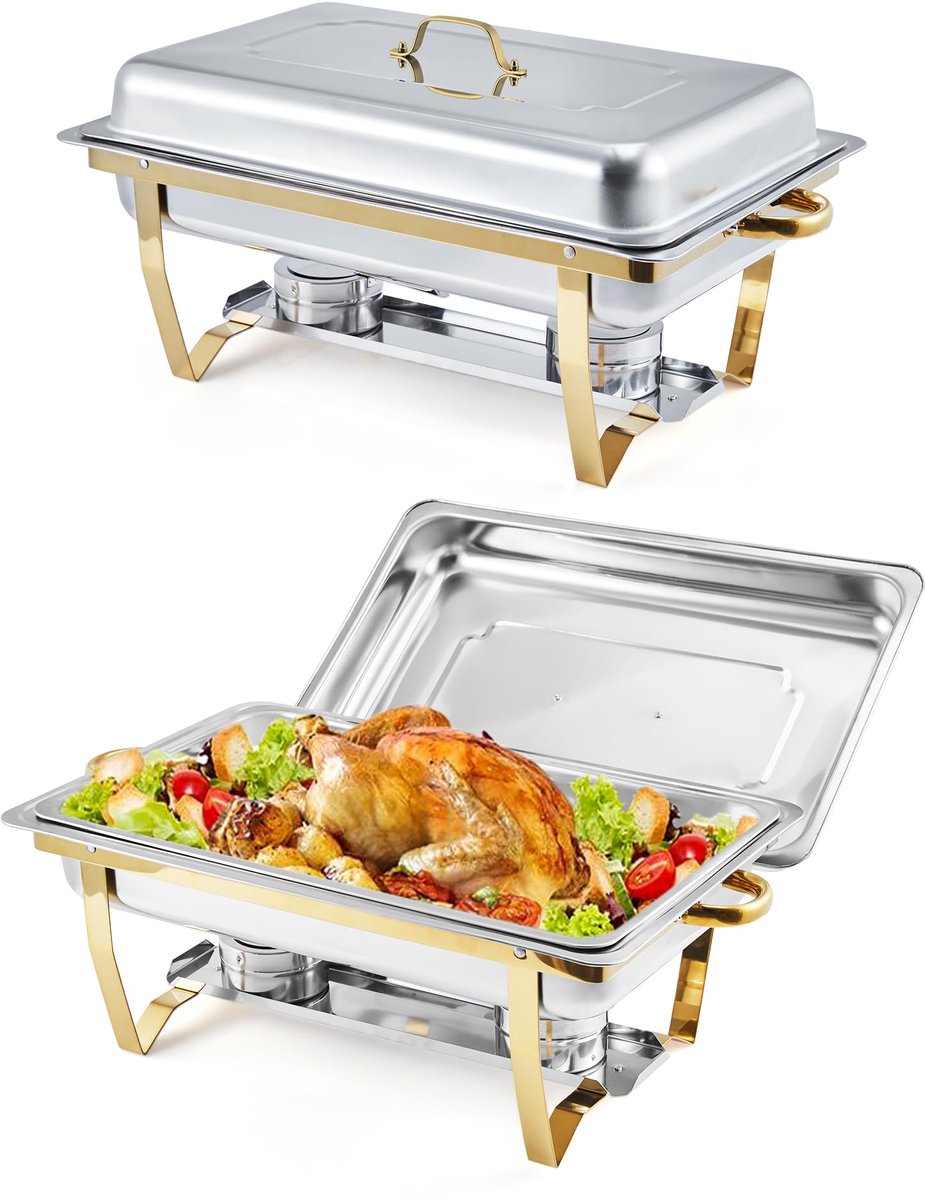 Triumpunpre - 8 QT RVS Warmhoudschaal Buffet Set - Rechthoekige Chafing Dish met Deksel - Pannen en Brandstofhouders - Eten Warmhouder voor Catering, Feesten en Bruiloften - 2 Sets Goud Enkele cel