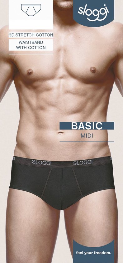 Model draagt zwarte Sloggi Basic Midi-slip met tekst: 3D Stretch Cotton, Waistband with cotton, Feel your freedom.