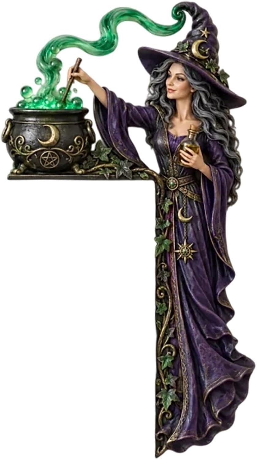 2D plat houten heks deurhoek decoratie - Halloween heks met ketel - L‑vormige deurtopper - mystiek muurhoek bord - griezelige thuis‑ en feestdecoratie