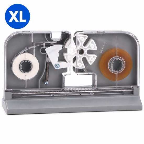Grijze zakkensluiter met doorzichtige behuizing en 'XL' logo in de linkerbovenhoek op een witte achtergrond.