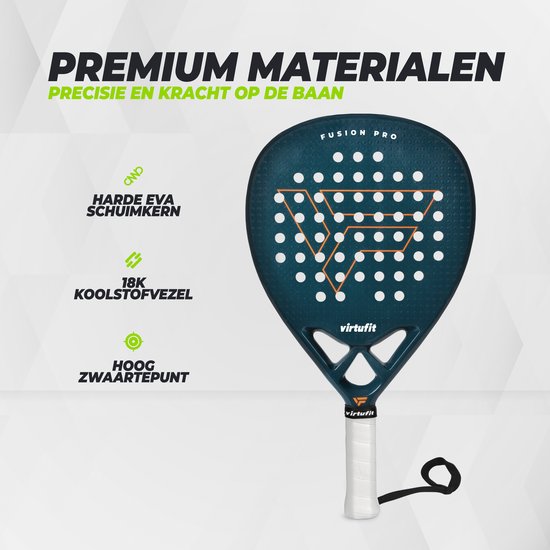 Blauw VirtuFit Fusion Pro padelracket met harde EVA-schuimkern en 18K koolstofvezel voor precisie.