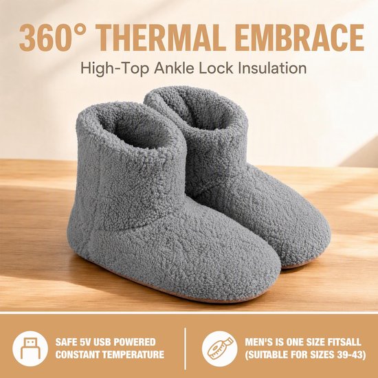 Grijze, hoge pluche pantoffels voor heren met een 360-graden thermische isolatie en USB-voeding.