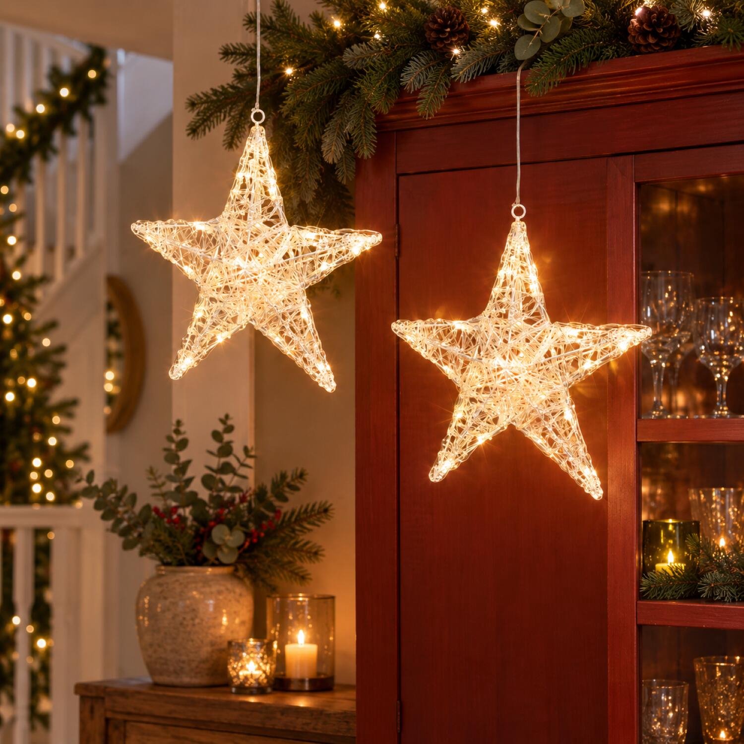 Verlichte kerstster - 2x - 32 cm - 24 led lampjes - warm wit - acryl - binnen gebruik - dimmer - kerstverlichting