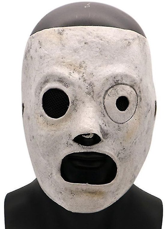 Grijs, verweerd Slipknot Corey Taylor-masker met openingen voor ogen en mond op een etalagepop.