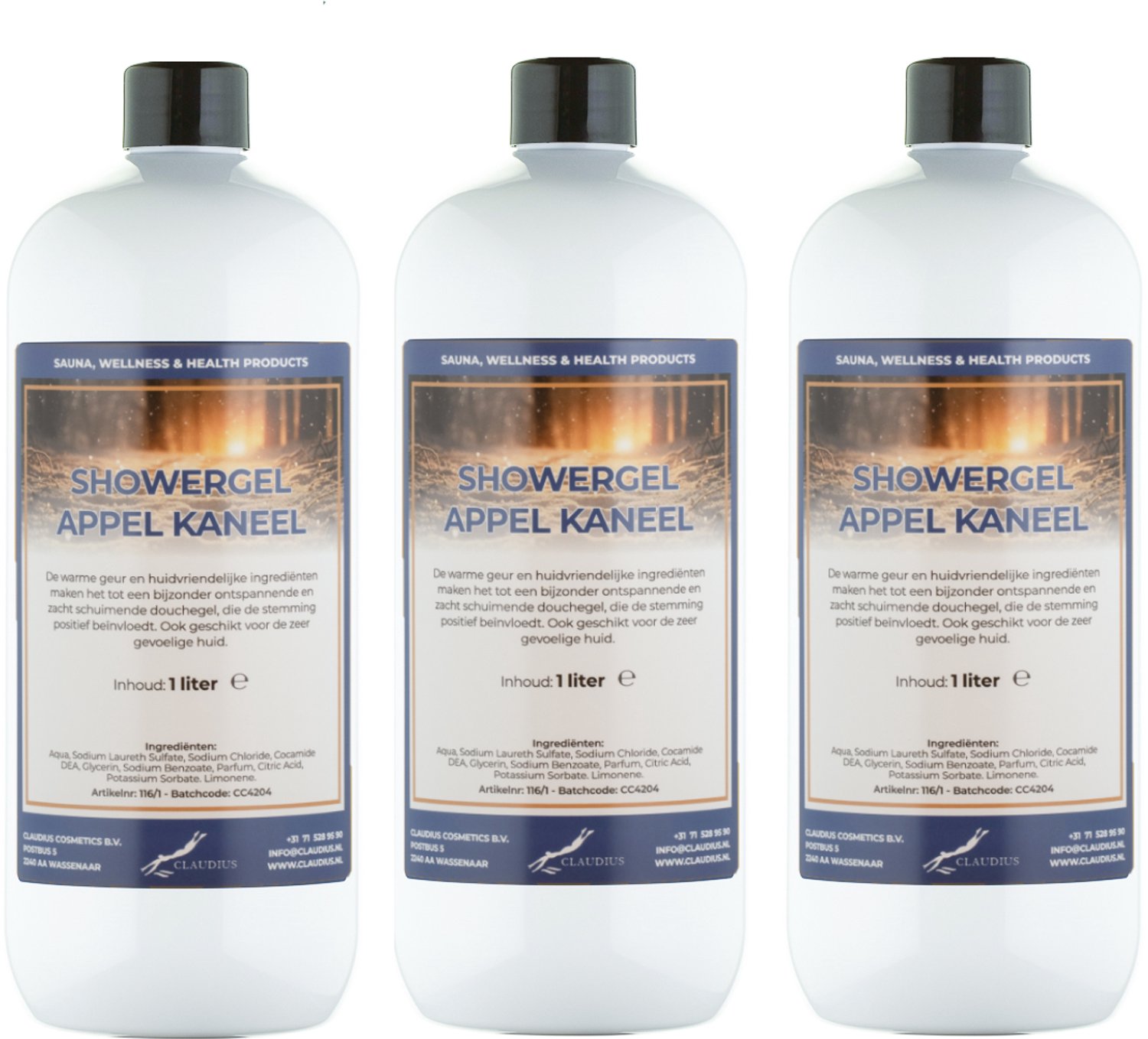 Claudius Douchegel Appel-Kaneel 1 liter - set van 3 stuks - showergel - navulling - voordeelverpakking