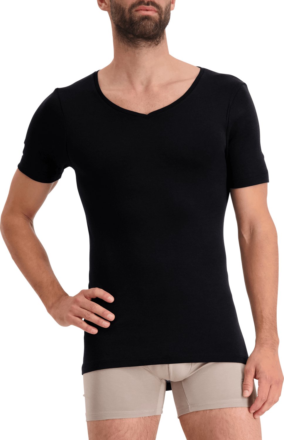 Noshirt Short Sleeve - Merino Wool - Heren Ondershirt - Zwart - Regular V - Maat XXL
