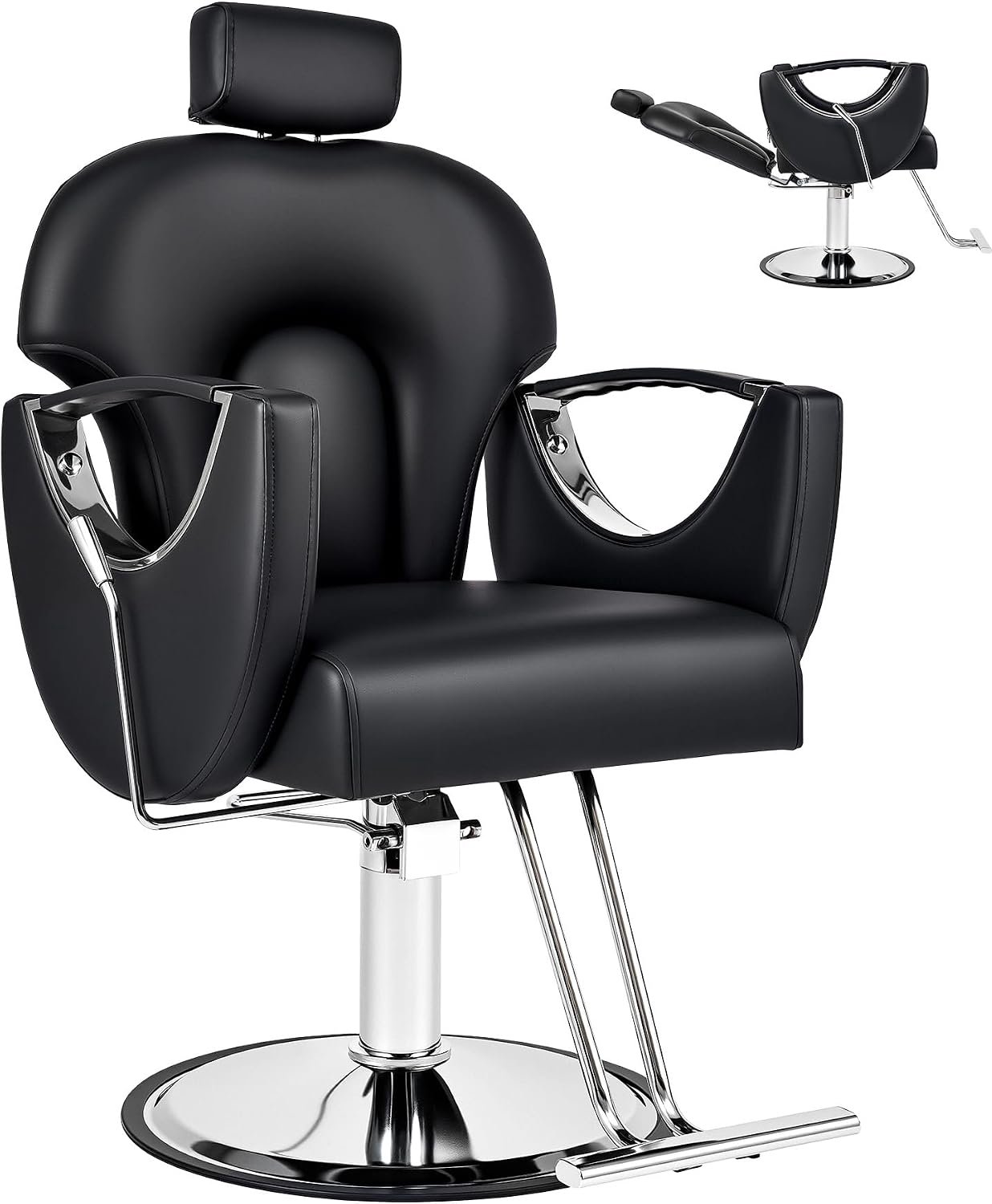 Professionele Verstelbare Kappersstoel met Hydraulische Pomp, 360° Draaibaar, Kantelbare Rugleuning 90°–150°, Verstelbare Hoofdsteun, Zwarte PU-Lederen Bekleding, Metalen Frame, 200 kg Draagvermogen, 50 × 52 × 112 cm