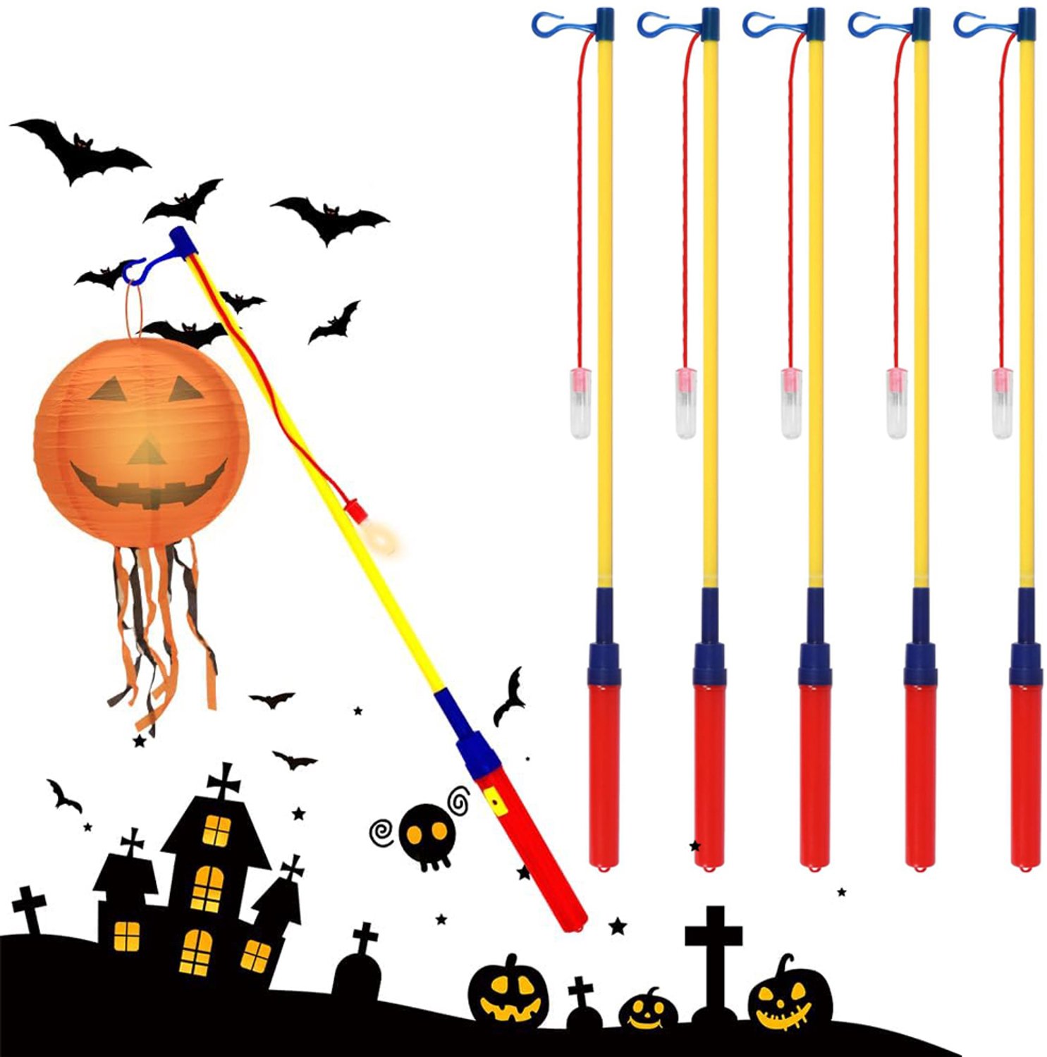 6 Papieren Lantaarnstok - Elektrische LED-Lantaarnstok -Kinderen Lampionstok Met Led - Voor Halloween Sint-Maartensdag