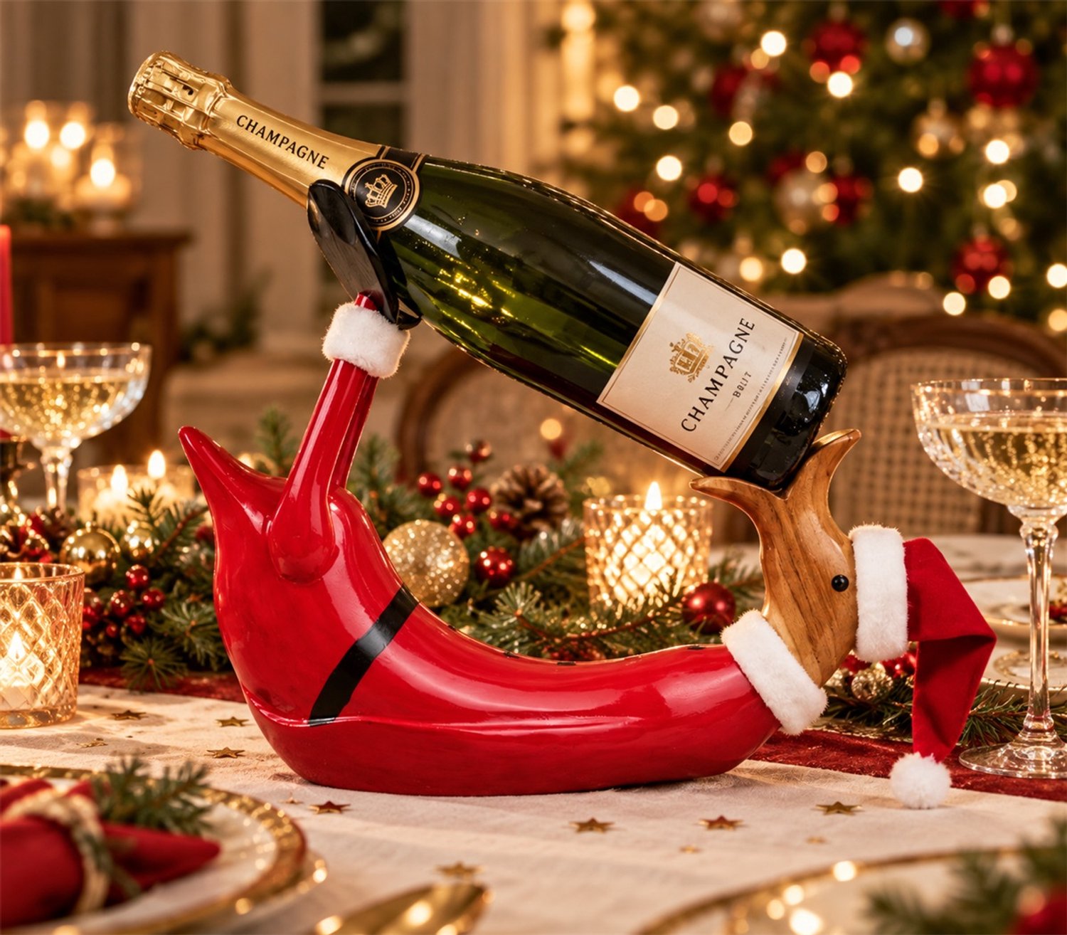 Houten eend kerst fleshouder