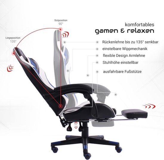 Ergonomische gamingstoel - Racebureau-stoel - Comfortabel zitten - Met voetensteun - 126 cm hoog - Zwart wit blauw — afbeelding 3