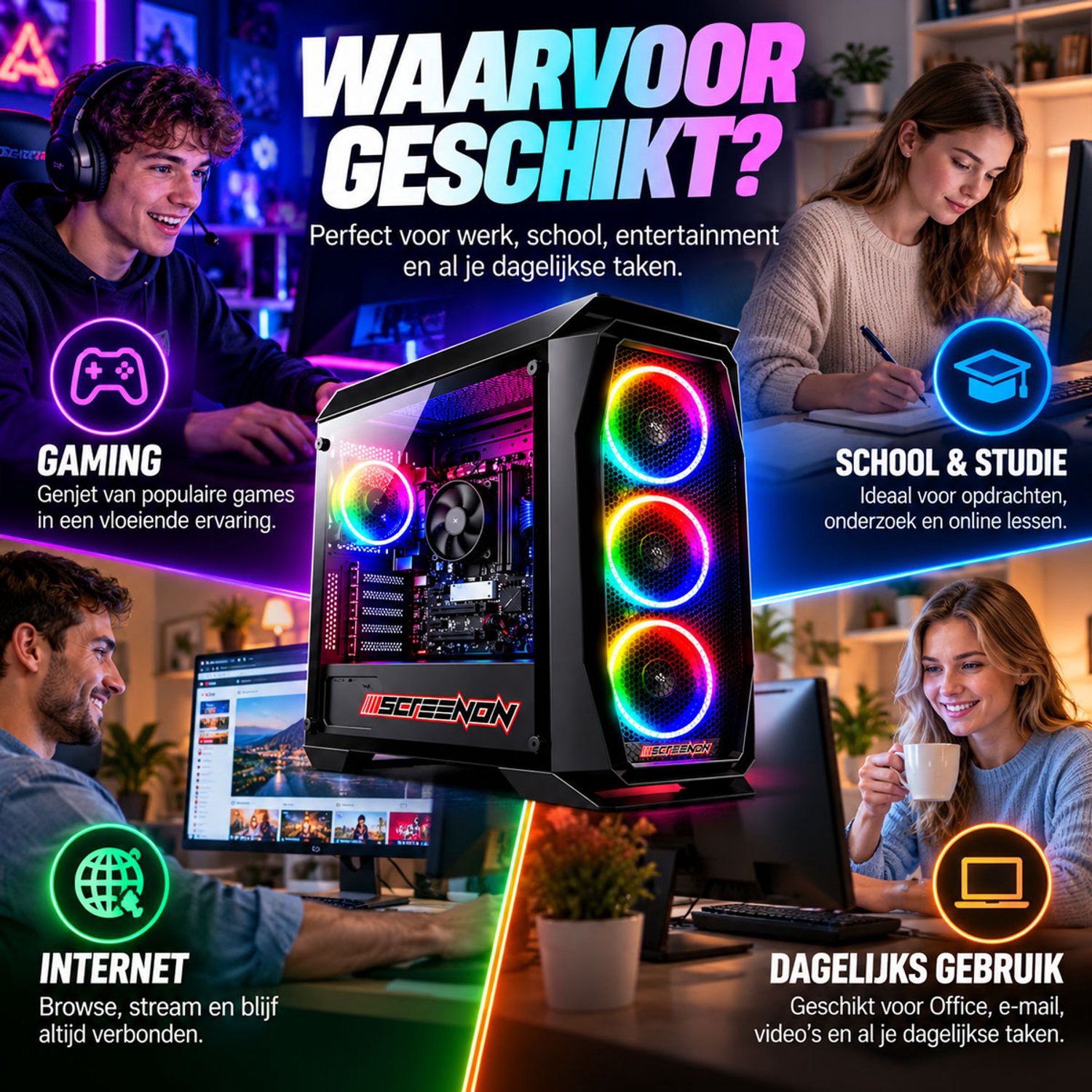 ScreenON Gaming Set – Complete Gaming PC met 27 inch Monitor – Ryzen 3 3200G – 8GB RAM – 512GB SSD – Radeon Vega 8 – Windows 11 Pro – Toetsenbord, Muis, Headset & Muismat thumbnail 6