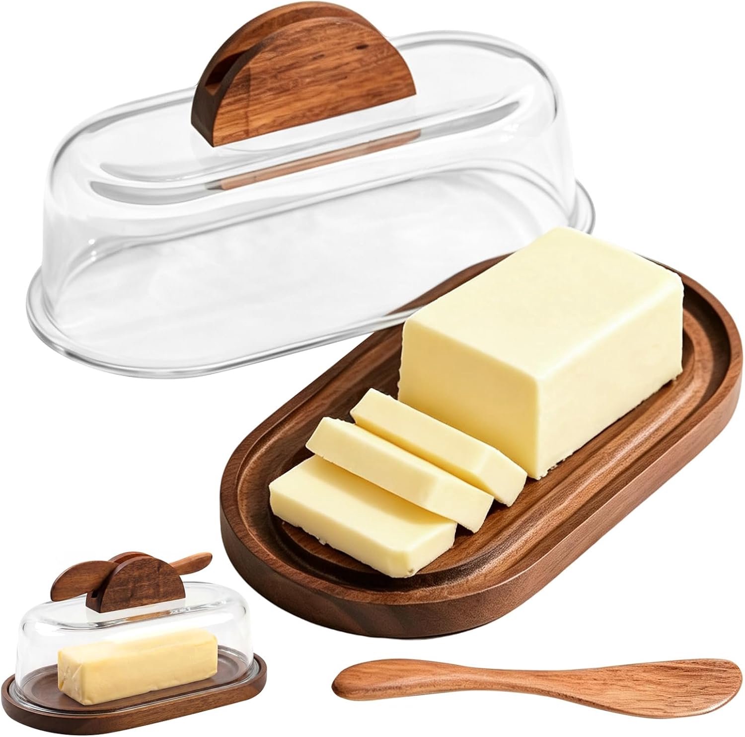 Boterpot - Botervloot met Mes Glazen Deksel en Houten Onderzetter - Rechthoekig Design - Geschikt voor Boter Bewaren en Desserts - Formaat 22.5x12 cm - 1 Stuk
