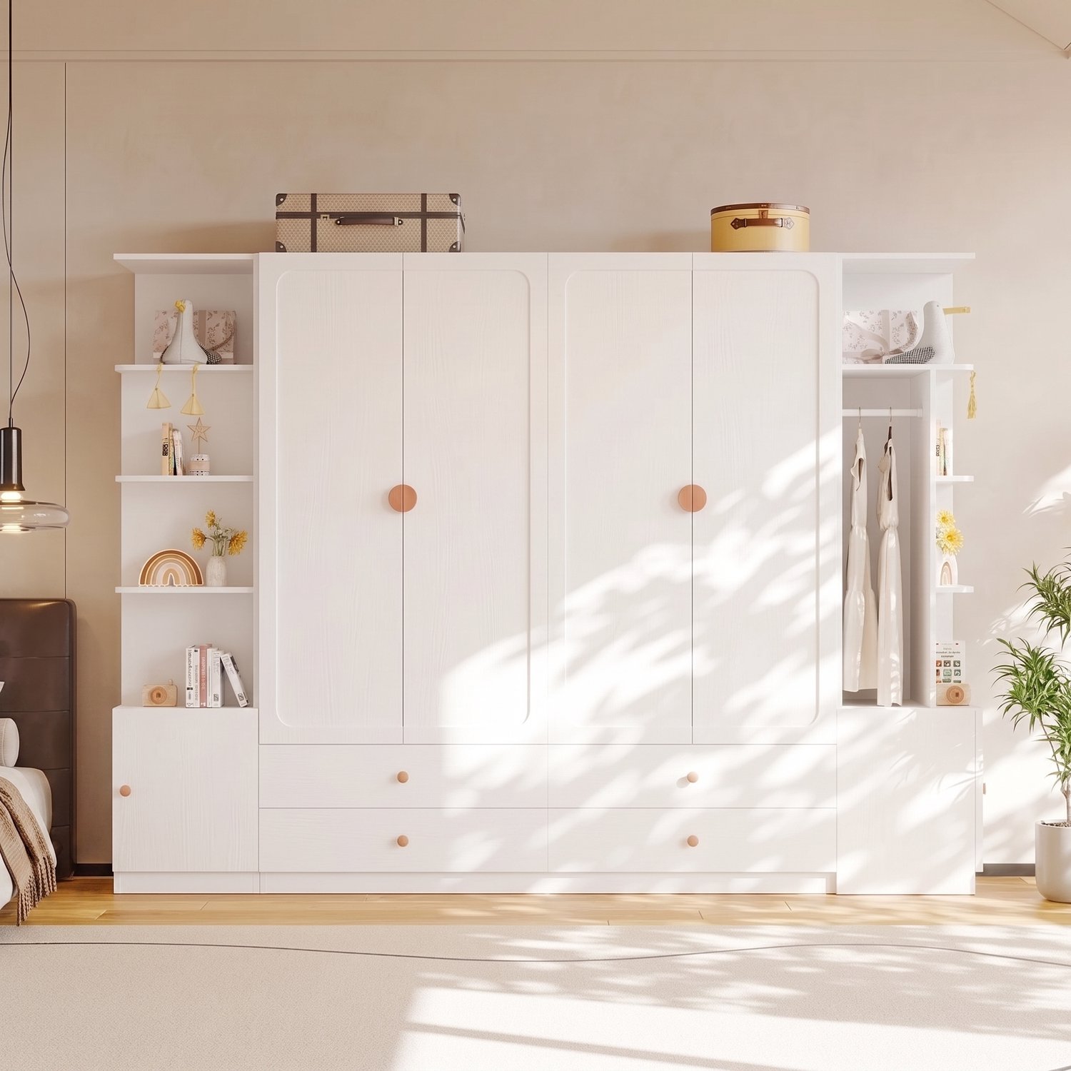 VVBV Kledingkast / Kledingkast met lades 270x45x200 cm – 4 Lades, 4 Kledingstangen, 6 Deuren, Draaideuren – Solid Wood/MDF,Steel / Wit