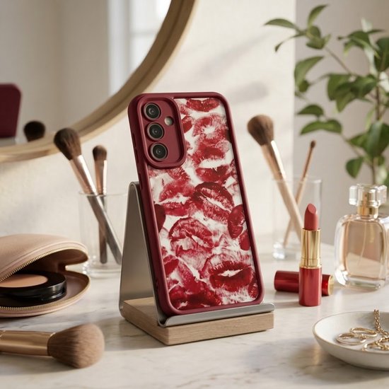 Bordeauxrood telefoonhoesje voor Samsung Galaxy A16 in een metalen standaard, omringd door make-upartikelen.