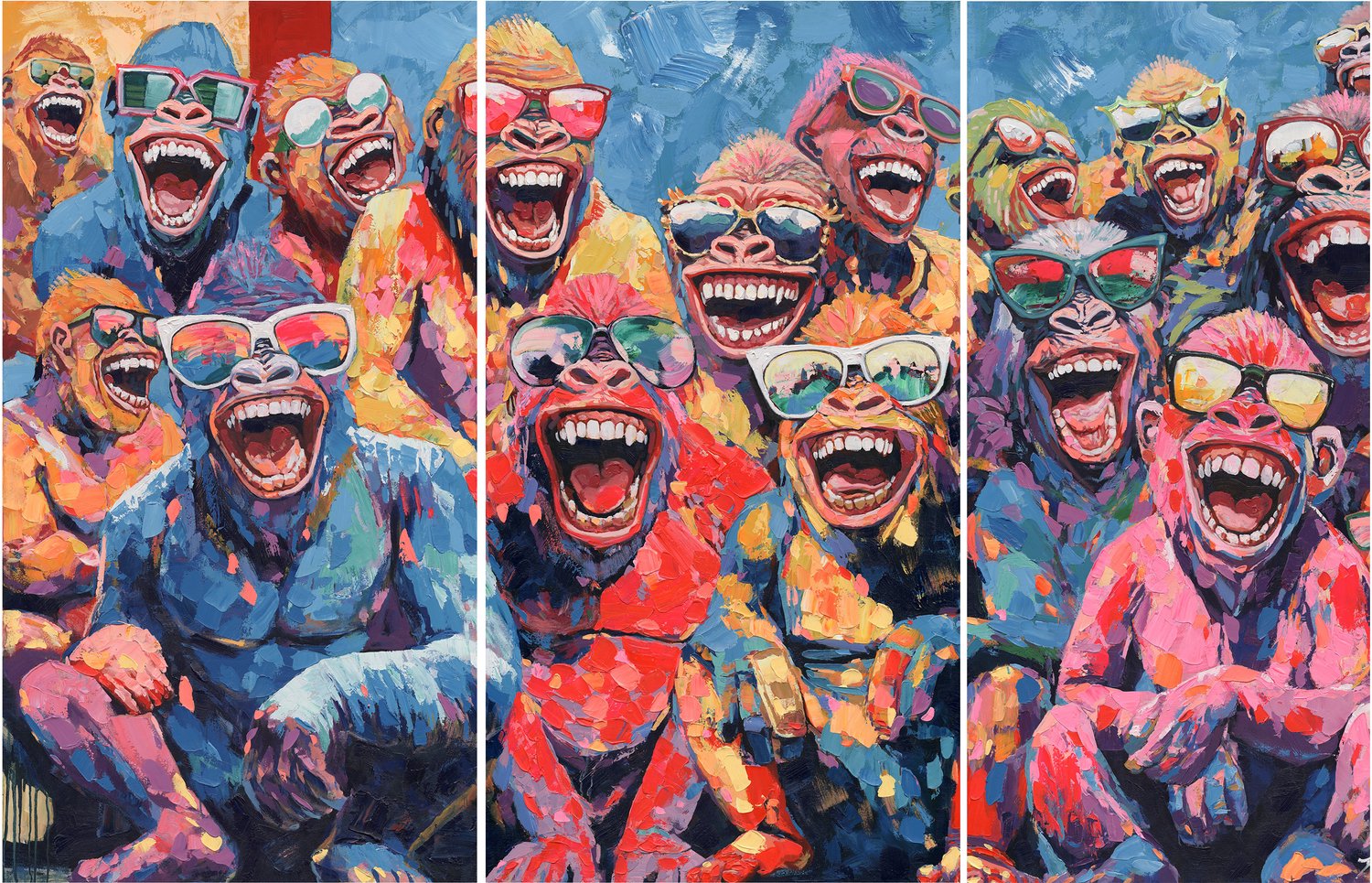 Schilderij 3-luik crazy monkeys 70x130cm
