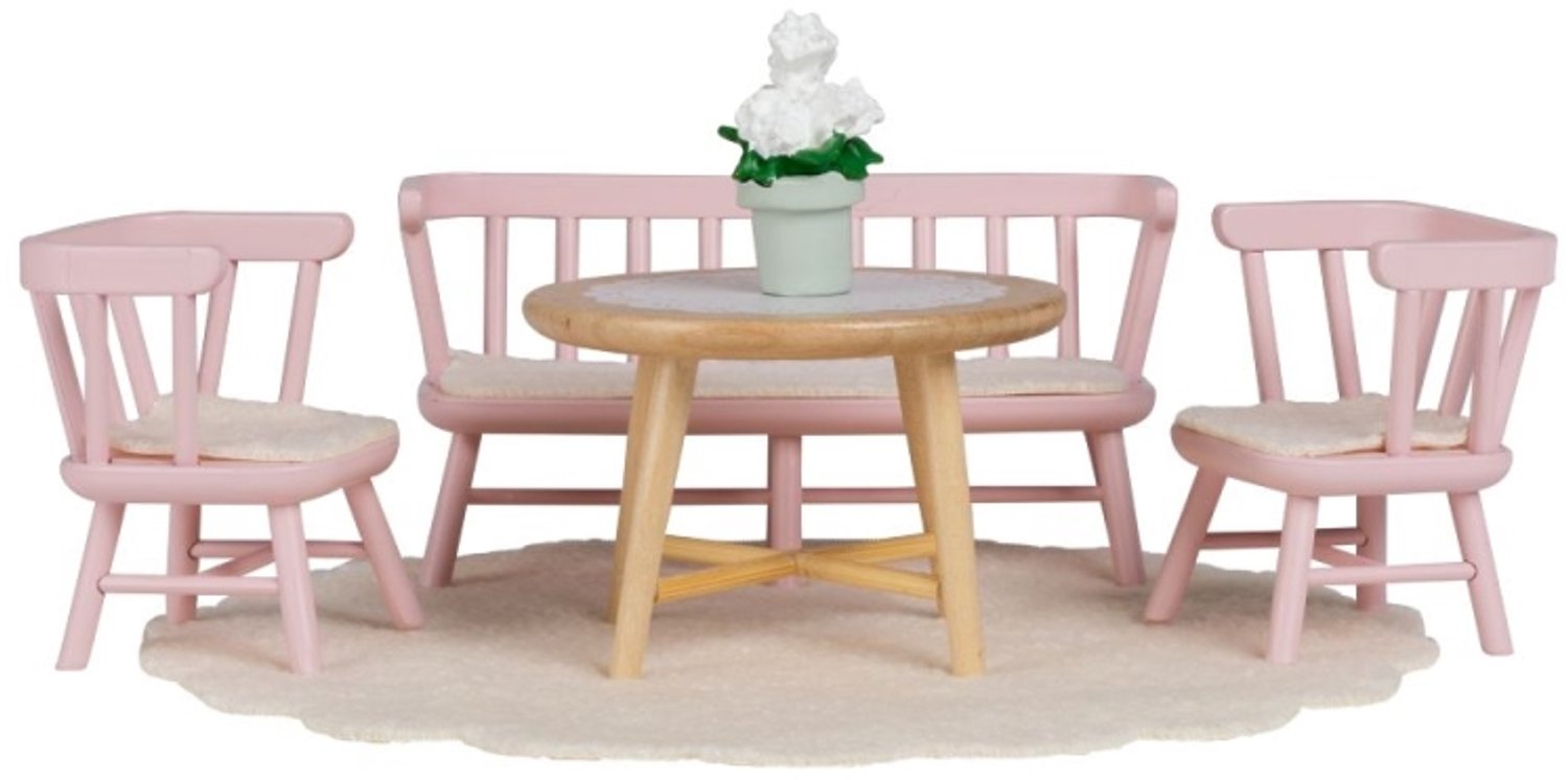 Lundby Set Eettafel met 4 zitplaatsen (roze/hout).