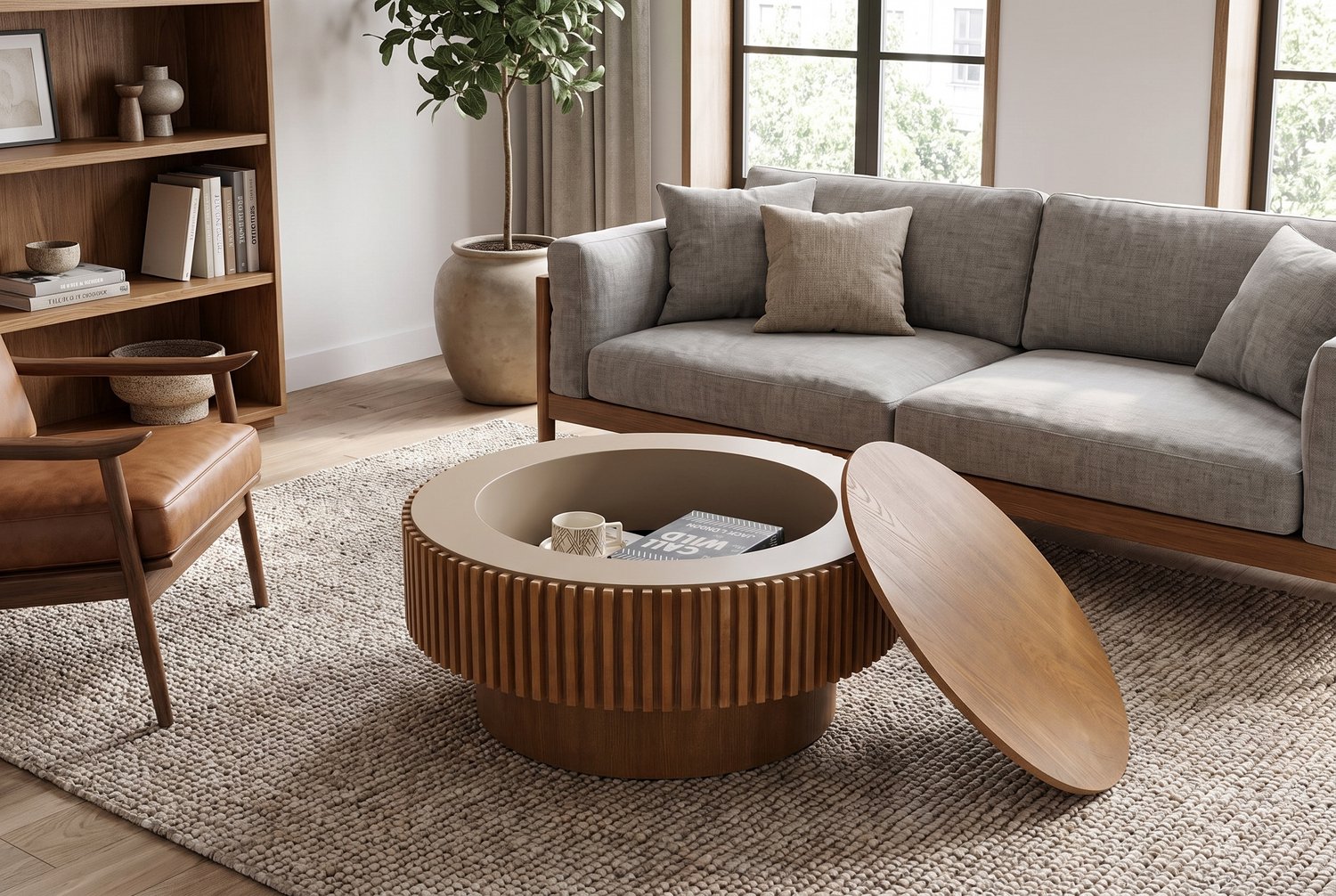 STILVORA Salontafel - Rond Met Verborgen Opbergruimte - Voor Woonkamer En Slaapkamer - Hout En MDF - Walnoot - 75 Cm Zwart En Walnootkleur