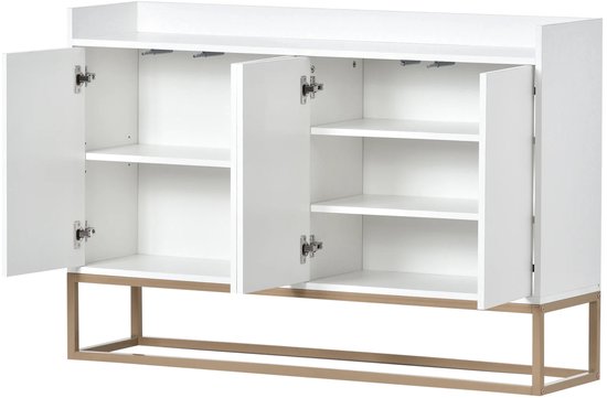 Wit dressoir met vier deuren open, tonend de interne planken, rustend op een goudkleurig metalen frame.