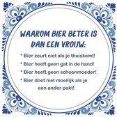 Tegeltje met Spreuk "Waarom bier beter is dan een vrouw" - Cadeau - Kado - Echt Keramiek - Geen Sticker - Spreuken - Wit/blauw - 15 x 15 cm