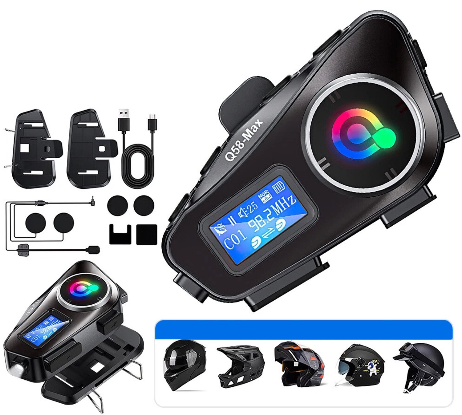 Q58 Max Helmheadset Met Bluetooth 5.3 En 500 m Intercom – IP65 Waterdicht En 25 Uur Muziek – FM-Radio, Micro SD En Spraakbediening – Voor Motor, Fiets En Skiën – Vaderdagcadeau Voor Motorrijders