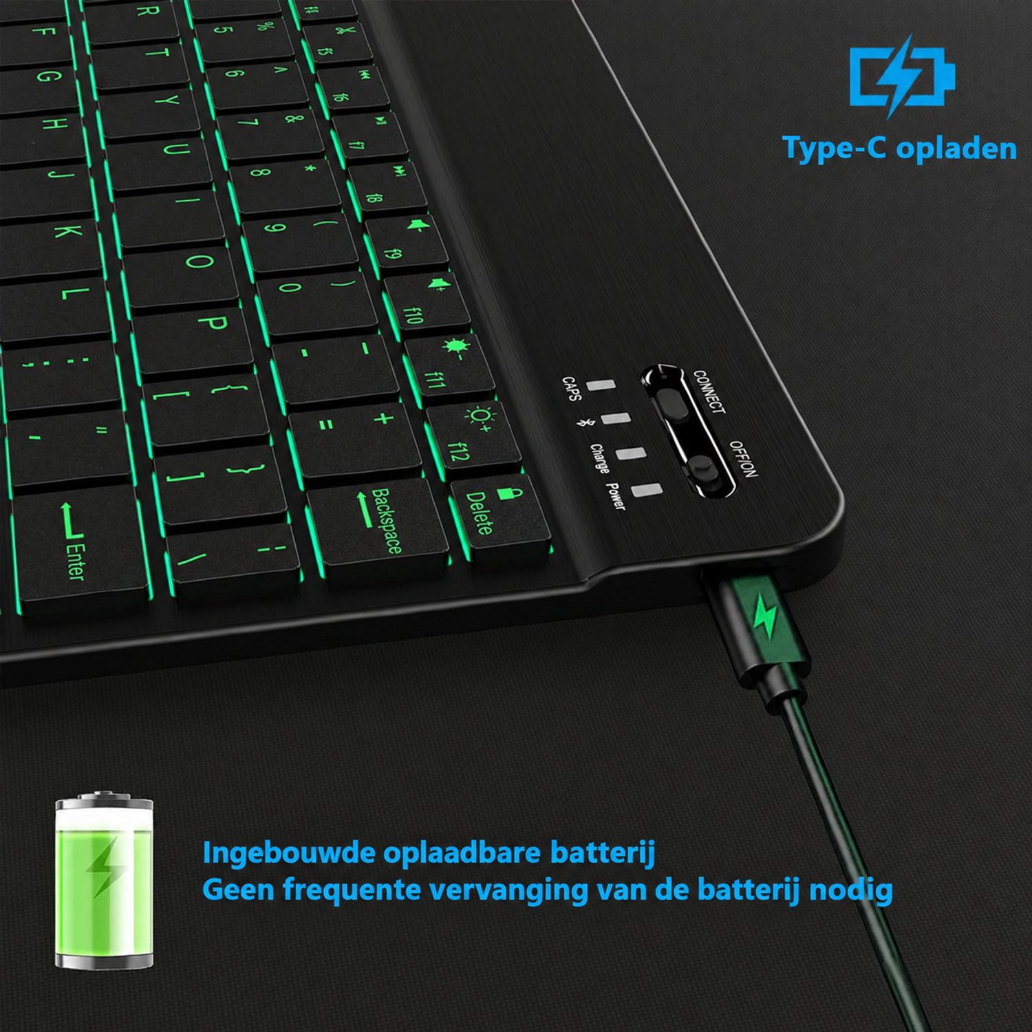 Bluetooth-toetsenbord met achtergrondverlichting – Compact & draagbaar draadloos toetsenbord, ideaal voor tablet, smartphone en laptop – Zwart thumbnail 3