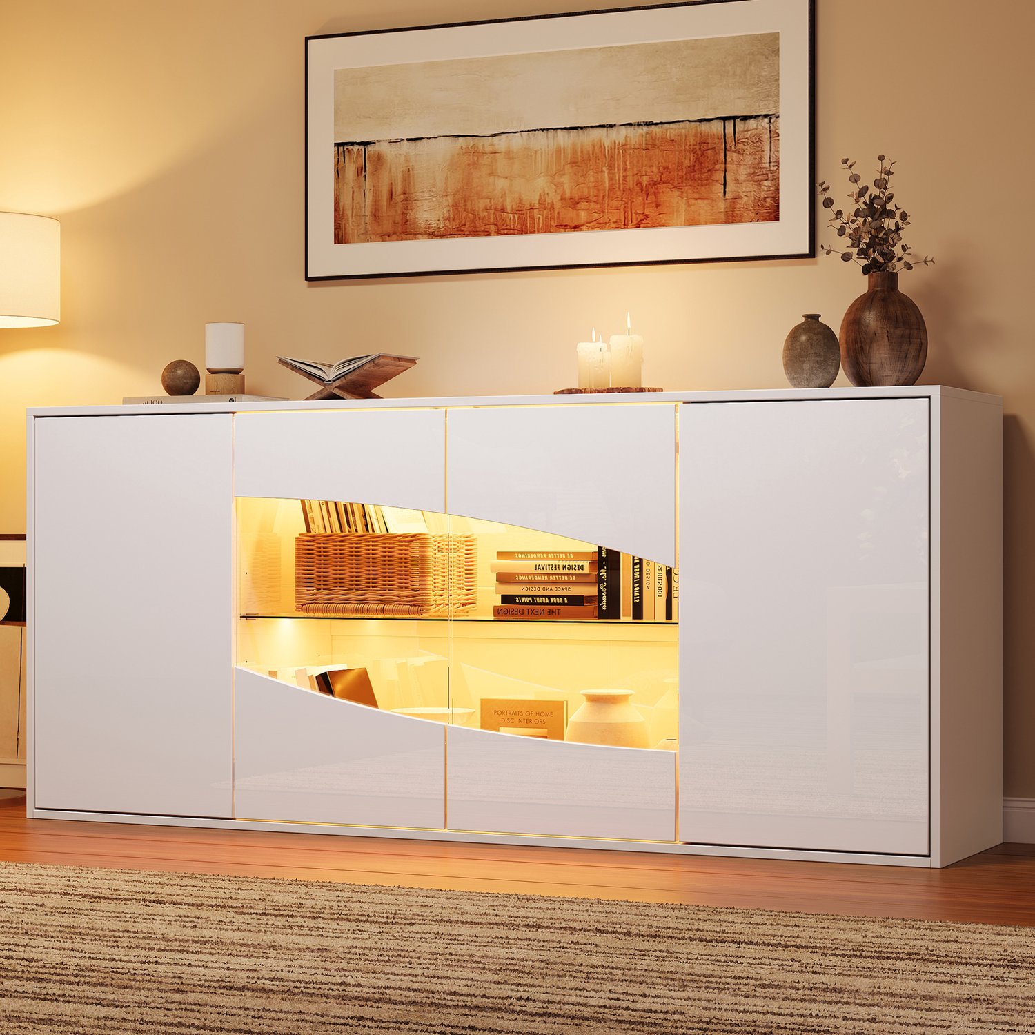 OKWISH Dressoir - Bluetooth Ledverlichting - 4 Deuren En 6 Opbergruimtes - Wit Hoogglans MDF En Gehard Glas - 160 x 35 x 70 Cm