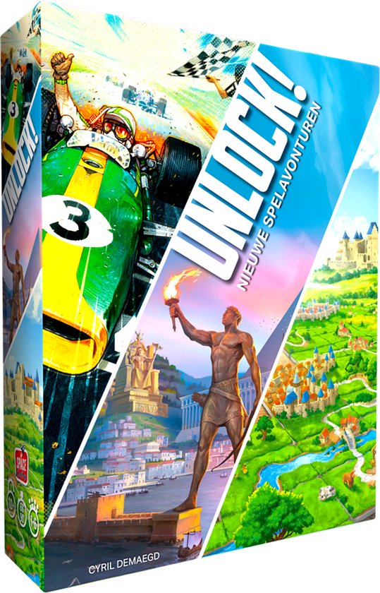 Speldoos van Unlock! Nieuwe Spelavonturen met illustraties van een raceauto, standbeeld en een kasteellandschap.