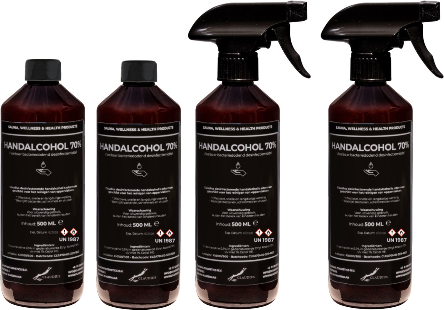 Handalcohol spray 70% - 2 x 500 ml met spraykop + 2 x 500 ml met dop