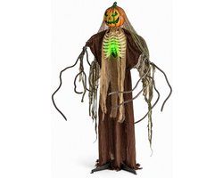 KOMFOTTEU Halloween-geest met pompoenhoofd – Geanimeerde pompoenman met skelet (175 cm) – Figuur met pompoenhoofd, griezelig geluid en verlicht hoofd – Levensgrote decoratie voor een spookhuis