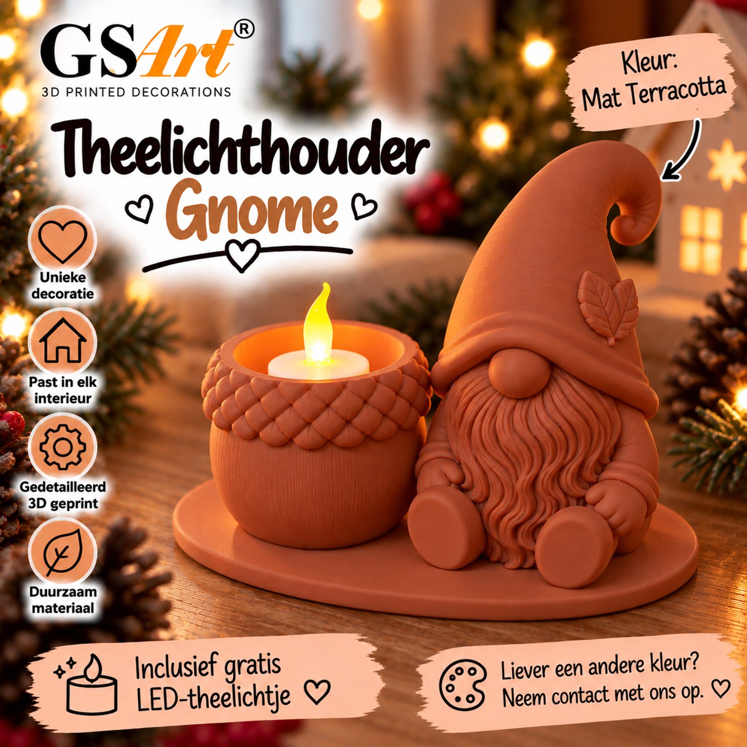 GSArt Theelichthouder Gnome – Inclusief LED Theelichtje – 3D Geprint - Mat Terracotta