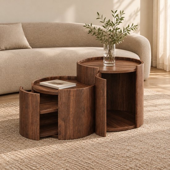 Set van twee ronde salontafels van donker walnoothout met een open opbergruimte in een modern interieur.