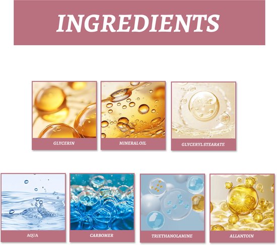 Ingrediëntenlijst voor billencrème met afbeeldingen van glycerine, minerale olie, water en allantoïne.