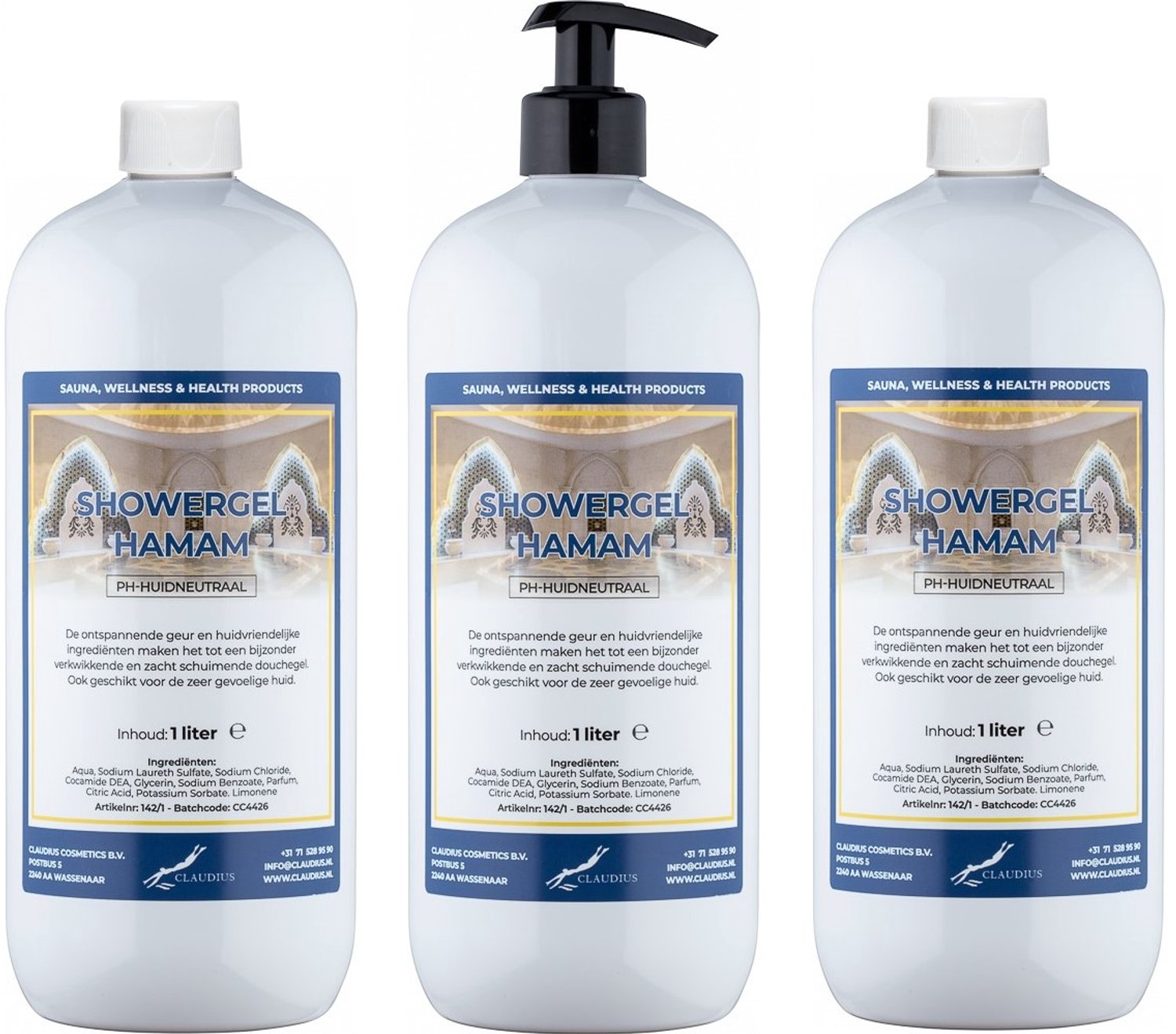 Claudius Douchegel Hamam 1 liter - set van 3 stuks - met gratis zwarte pomp - navulling - voordeelverpakking