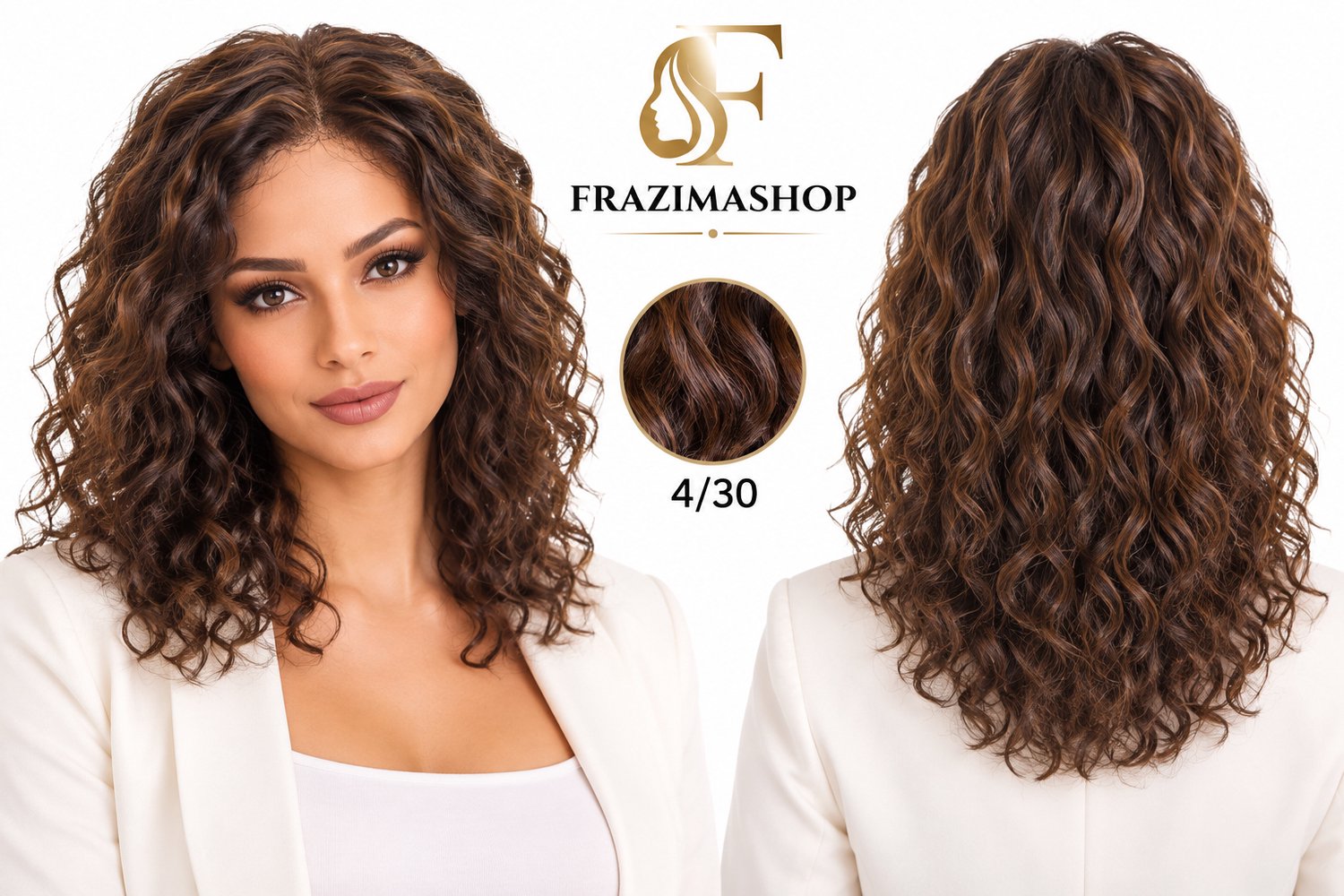 Frazimashop T-Lace Pruik Dames – Echt Braziliaans Remy Haar – 12 Inch – Kort Krullend – Kleur 4/30 – 180% Dichtheid – Donkerbruin met Highlights