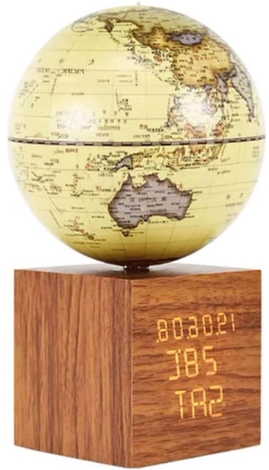 Verlichte wereldbolklok - Educatieve bureauklok - Voor studeren en decoreren - Draaibaar met temperatuur - 13 cm diameter - Antiek