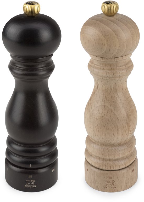 Twee klassieke Peugeot Paris houten molens in donkerbruin en naturel, 20 cm met gouden knop en u'Select instelling.