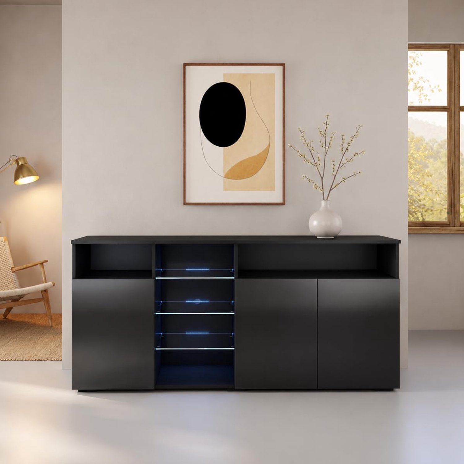 Clarkia Modern TV-Meubel 150 x 35 x 70 cm – Zwart Hoogglans Dressoir met 3 Deuren, Glazen Legplanken en Blauwe LED-Verlichting