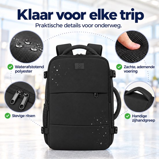Zwarte Travlo reistas met waterafstotend polyester, ademende voering, stevige ritsen en zijhandgreep.