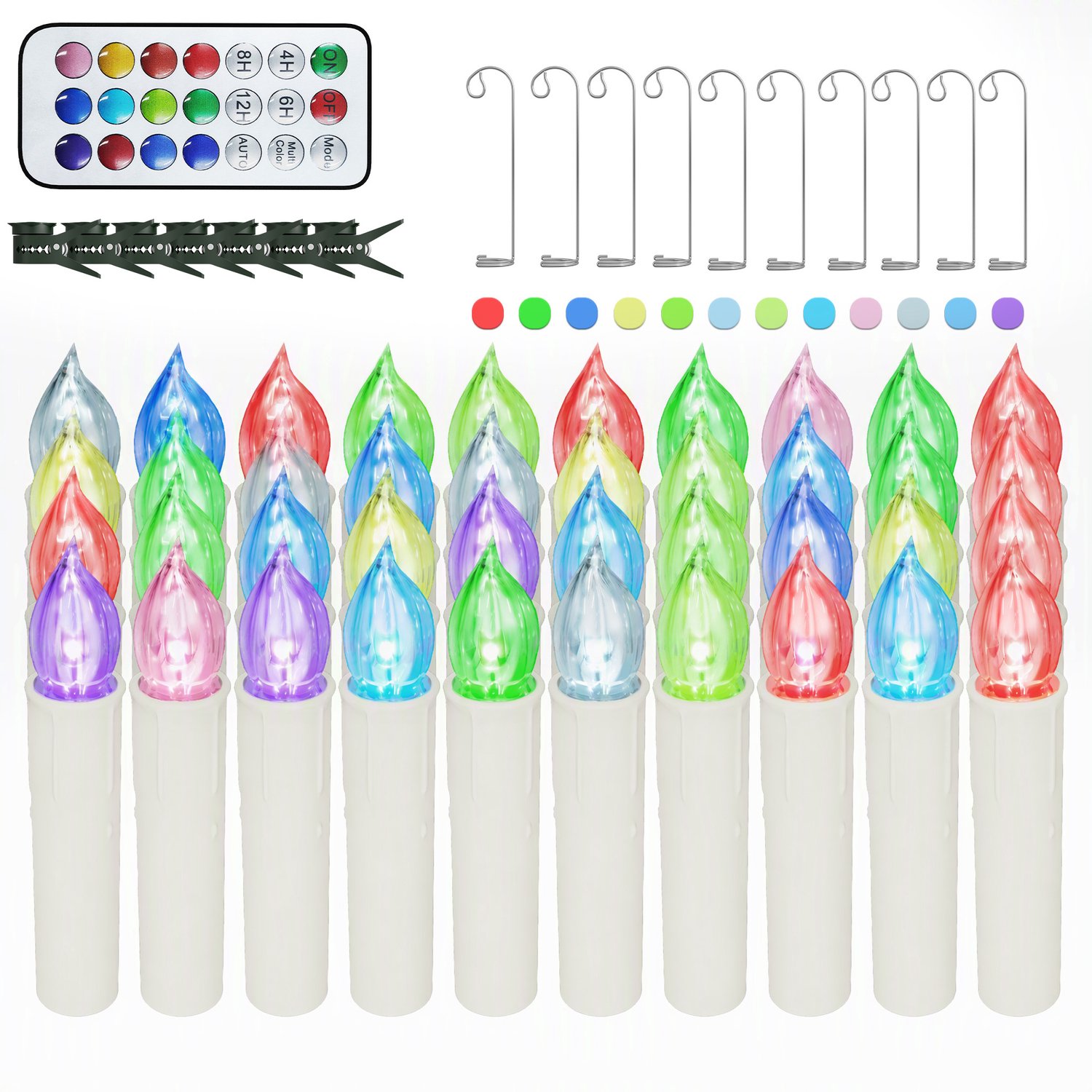 Aufun LED Afstandsbediening Kerstkaarsen - 50 Stuks - Gekleurd licht - 12 kleuren die van kleur veranderen Vlamloze Kaarsen met Timerfunctie - Voorzien van clips en haken- voor Bruiloften Kerstversiering Gebroken wit.