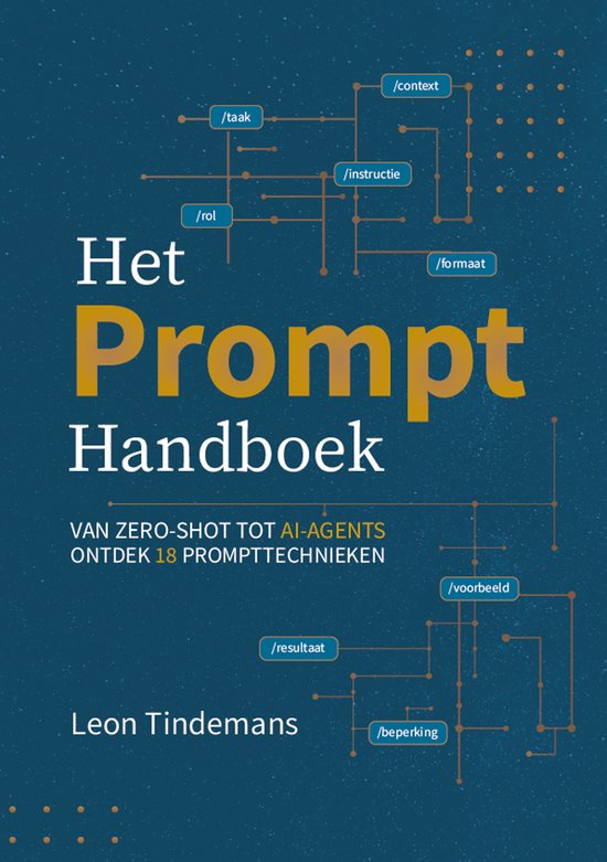 Voorkant van Het Prompt Handboek met blauwe achtergrond, gouden tekst en een diagram met prompttechnieken.