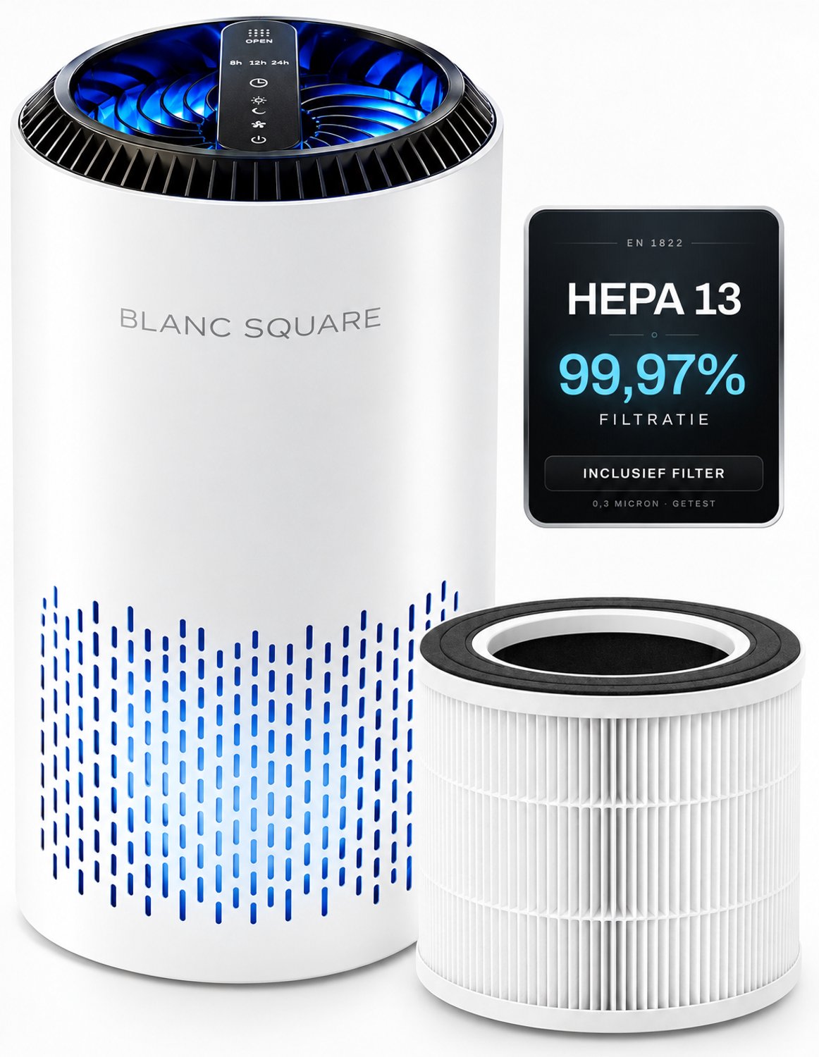 Bol.com BLANC SQUARE Luchtreiniger Air Purifier PRO - Vervangbaar HEPA 13 + Koolstof filter - CADR 170m³/u 30m² - Filtert Fijnst... aanbieding