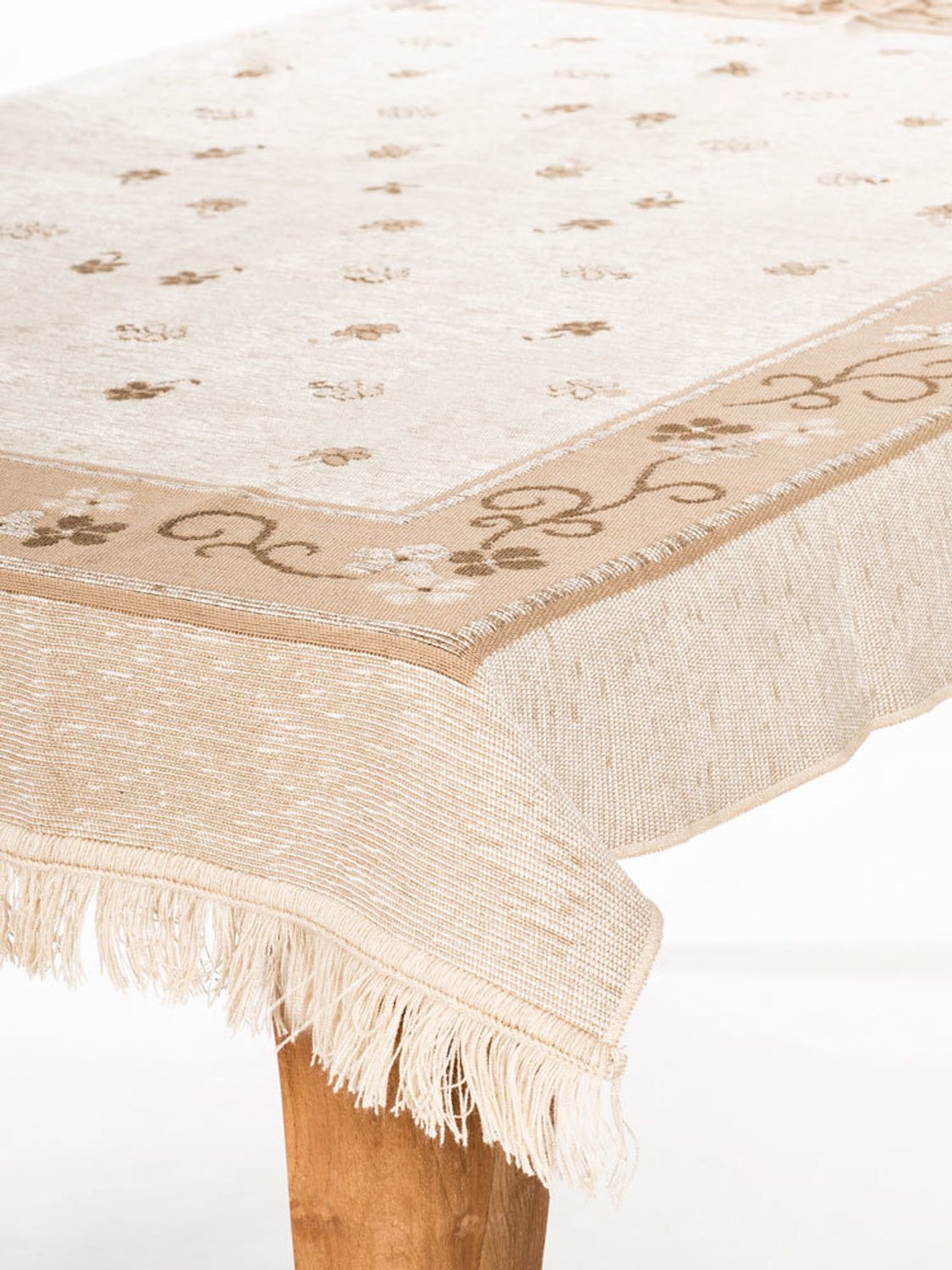 Handweef Tafelkleed Hortensia 2 - 140 x 170 cm - bloemen - beige - bruin - chenille afgewerkt met franjes