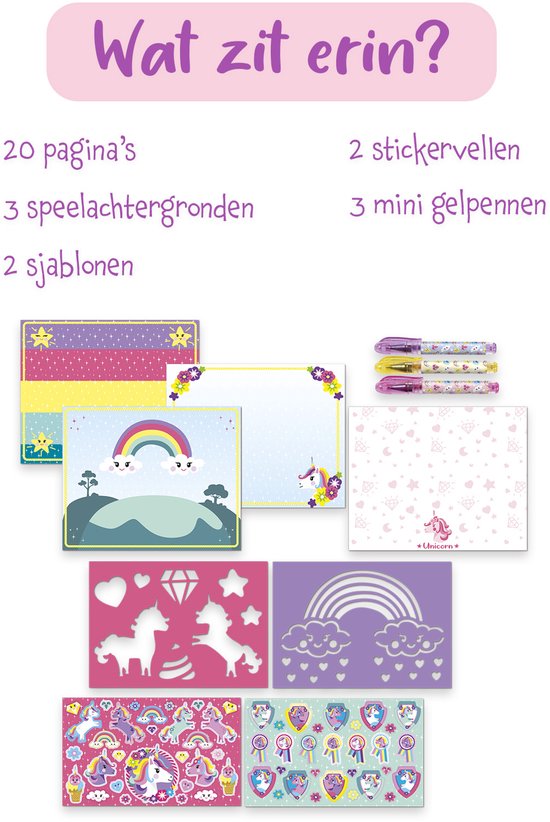 Unicorn teken- en knutselset met 20 pagina's, 3 achtergronden, 2 sjablonen, 2 stickervellen en 3 mini gelpennen.