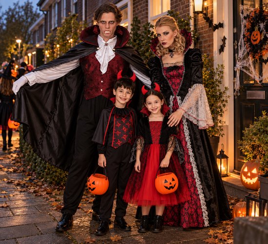 Gezin in vampier- en duivelskostuums met pompoenemmers voor Halloween bij een versierde voordeur.