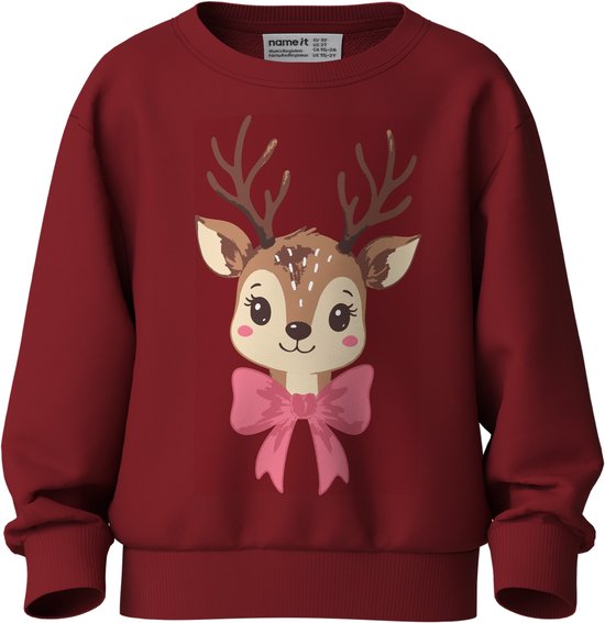 Donkerrode NAME IT trui met een schattig rendiergezicht met roze strik op de borst.