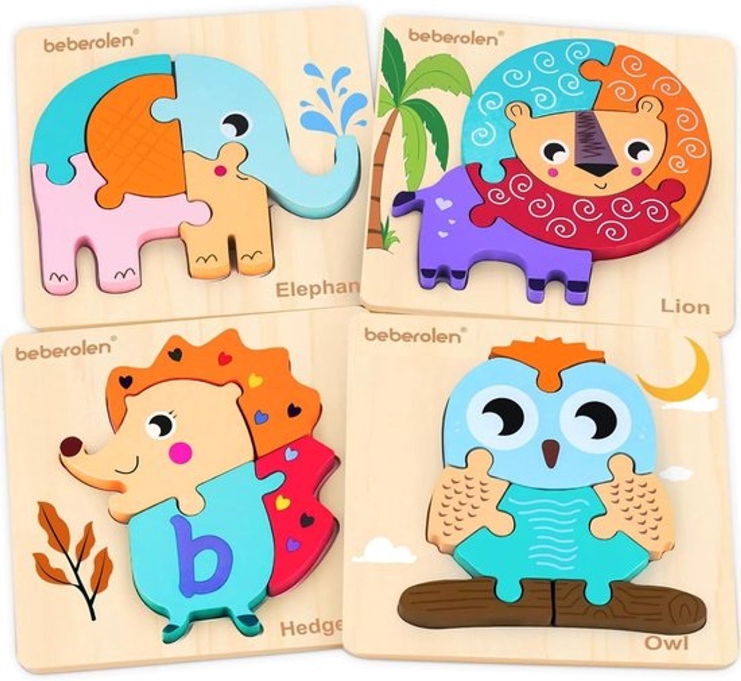 Beberolen houten dierenpuzzels - Montessori-speelgoed voor meisjes en jongens van 1, 2 en 3 jaar - Educatief voorschools speelgoed en verjaardagscadeau