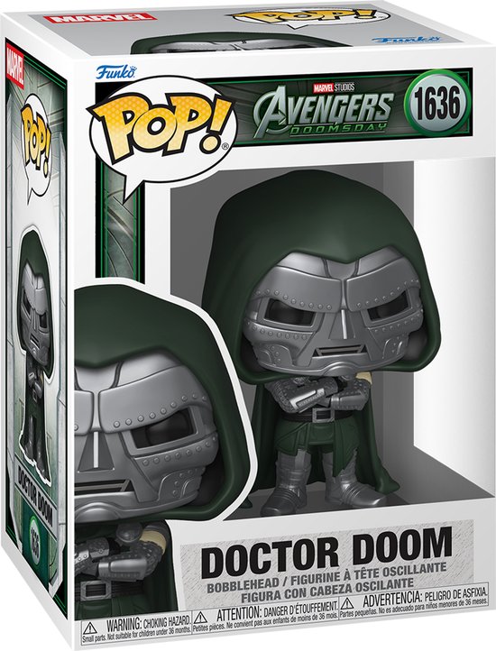 Funko Pop Doctor Doom nr. 1636 uit Avengers Doomsday in verpakking met groen masker en pantser.