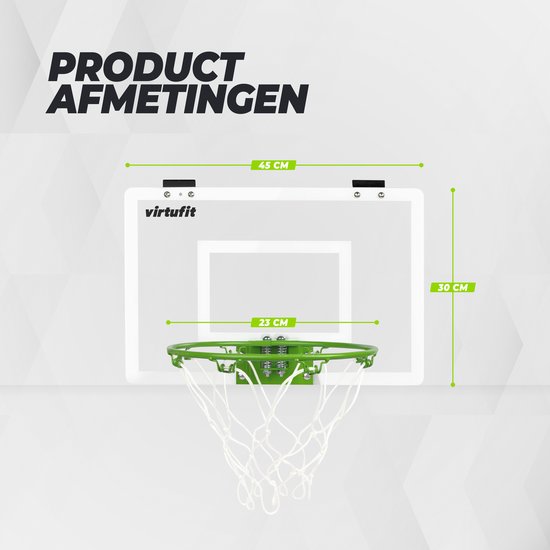 Afmetingen van het VirtuFit basketbalbord: 45 cm breed, 30 cm hoog, ringdiameter 23 cm.