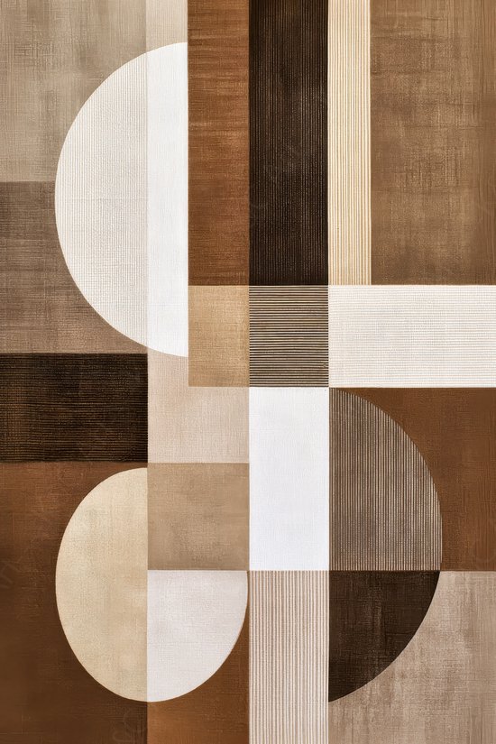 Abstract schilderij met geometrische vormen in bruin, beige en wit, met cirkels en gestreepte texturen.