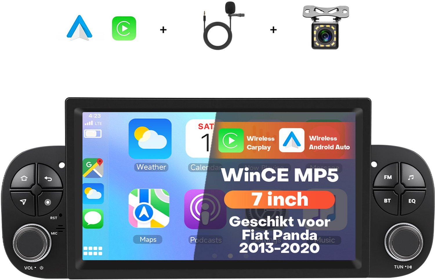 Boscer 1 Din Autoradio met 7 Inch Zwevend Scherm - Geschikt voor Fiat Panda 2013-2020 - Draadloos Apple CarPlay & Android Auto - Bluetooth Handsfree Bellen - FM Radio (RDS) - CAN-bus Meegeleverd - Achteruitrijcamera & Microfoon